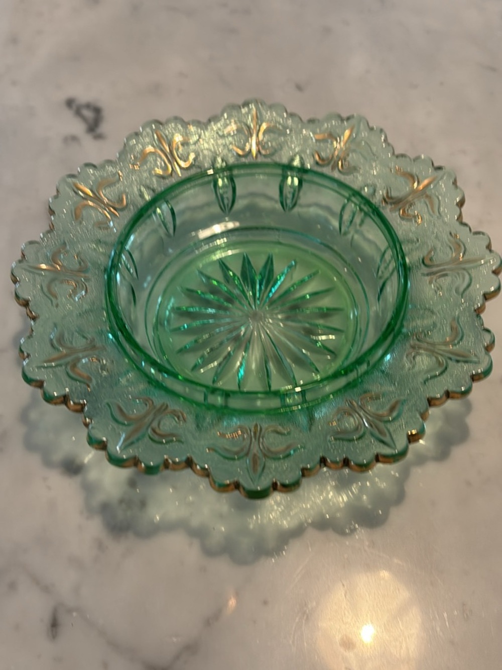 Green Pressed Glass Dish with Gold fleur de lis trim